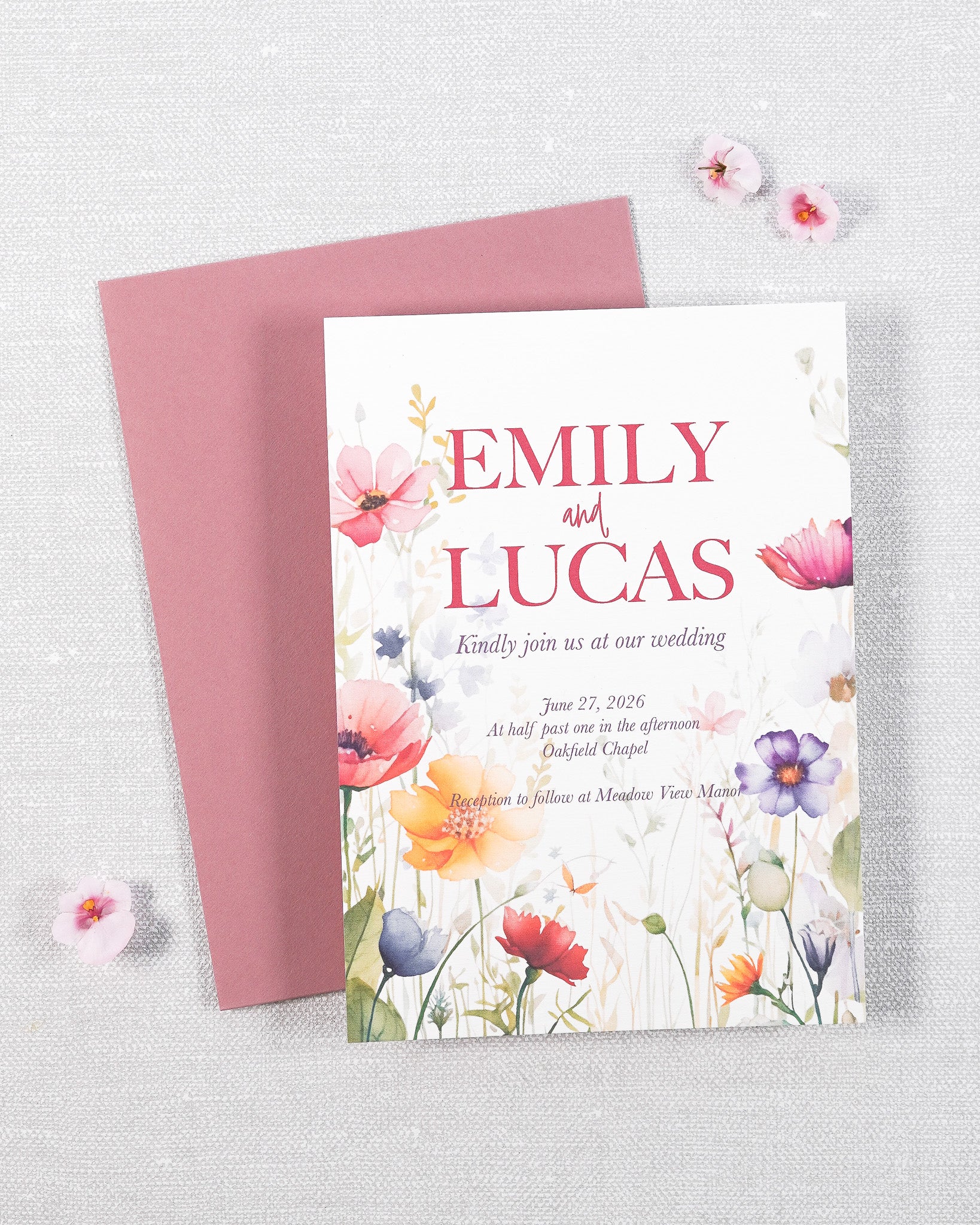A wedding invitation with garden flowers. Bride and grooms name in bright pink. The invitation has a rose pink envelope