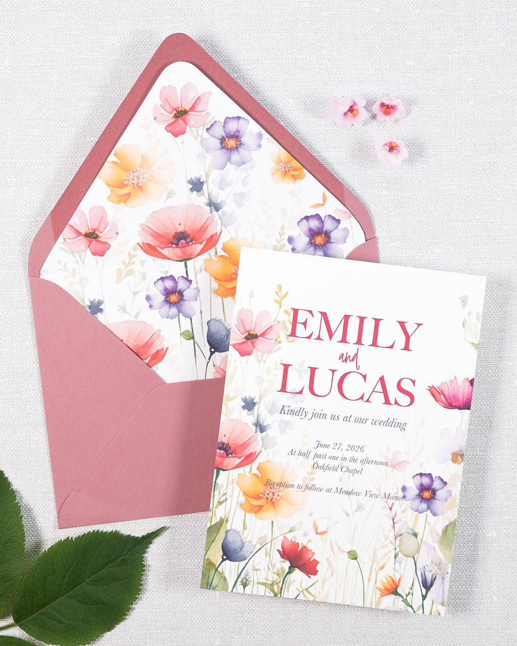 A garden themed wedding invitation with a pink envelope. The envelope is lined with florals.