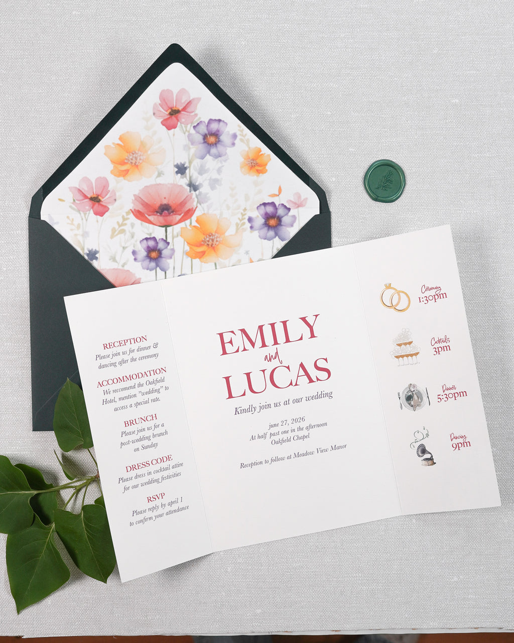 Gatefold wedding invitation with a illustrated timeline of the wedding day.