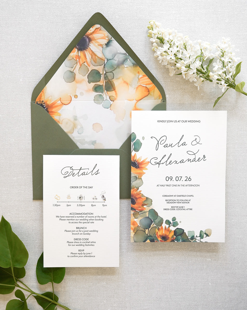 Floral wedding invitation with hand-painted sunflower illustrations in warm autumn tones from the Liantha collection.