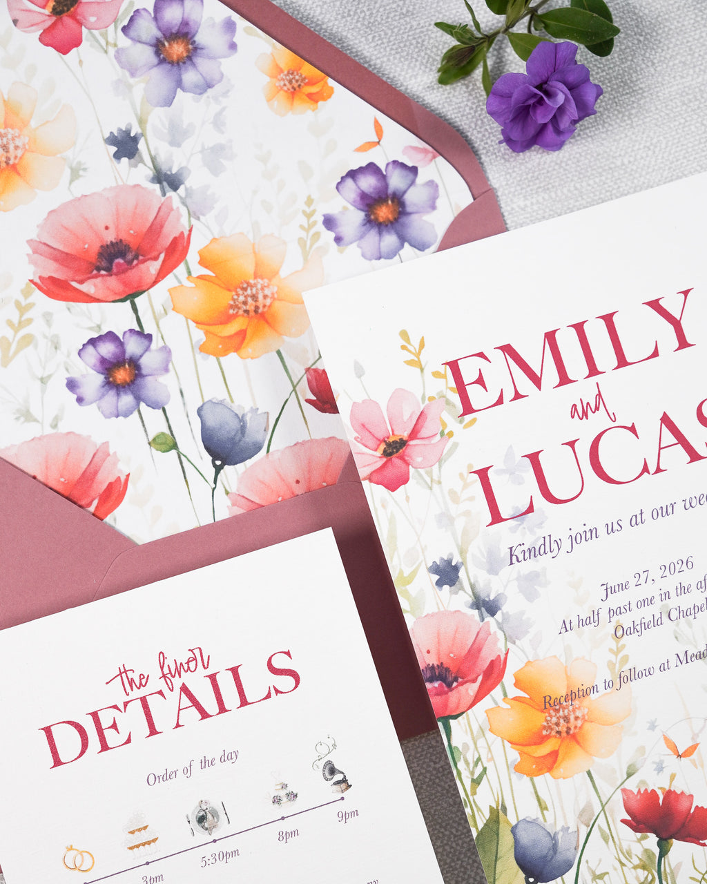 A close up of a floral wedding invitation with a rose pink envelope. The invitation is in a handpainted garden print