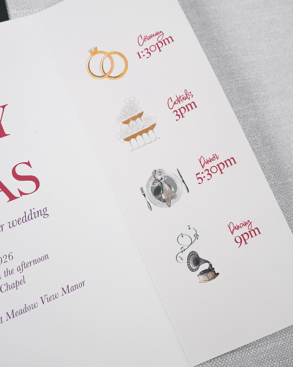 Close up on a handpainted wedding timeline