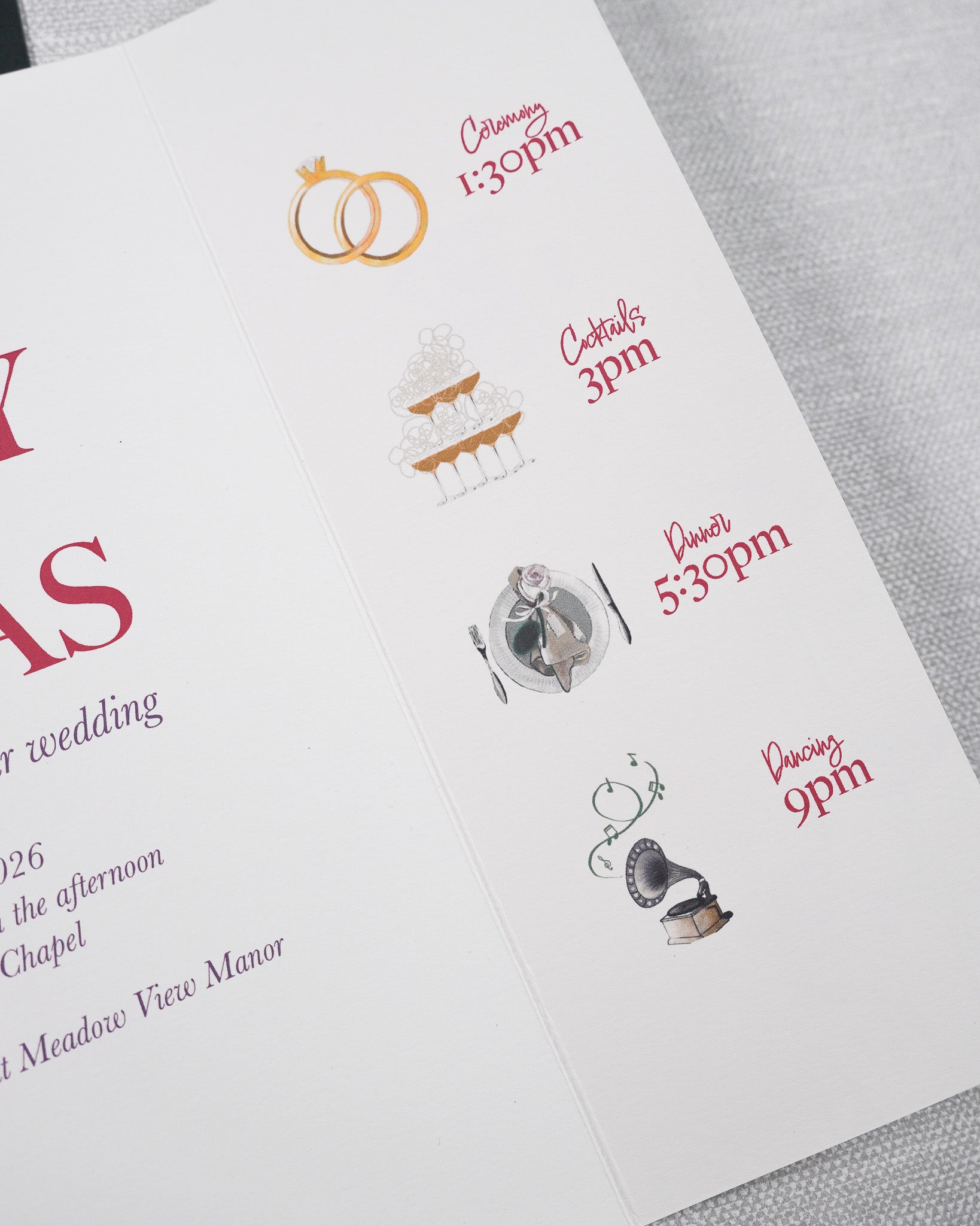 Close up on a handpainted wedding timeline